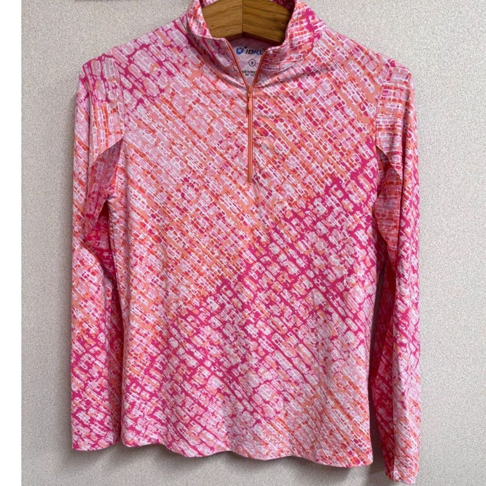 IBKÜL Long Sleeve Mock Neck Mesh Sleeve 1/4 Zip Top Pink Coral Print UPF 50 Sm
